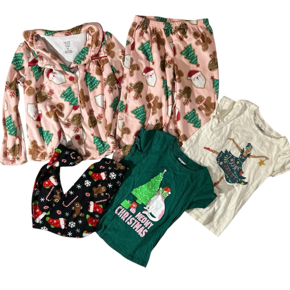 Carters pink button down Christmas PJ set & Christmas tees with legging 5t